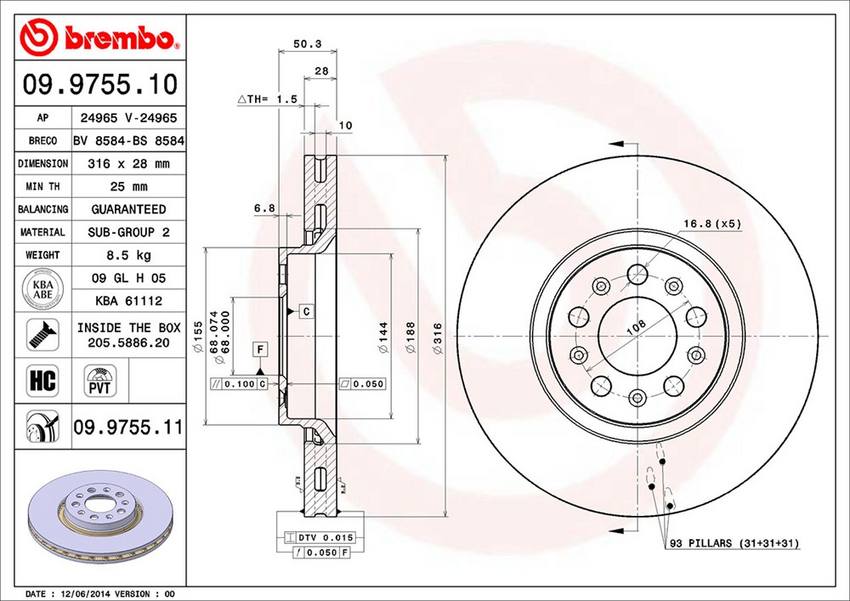 Volvo Brembo Disc Brake Rotor - Front (316mm) 306360740